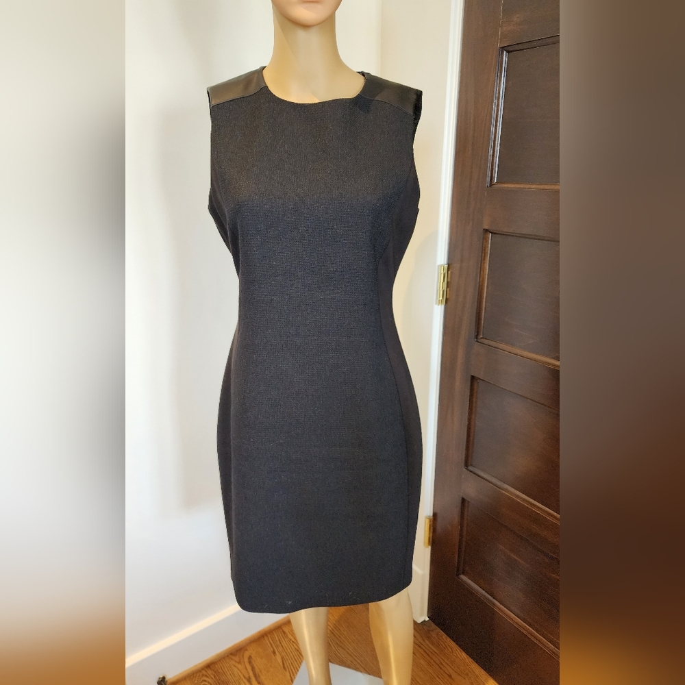 TAHARI Black Tunic Dress with Leather Trim